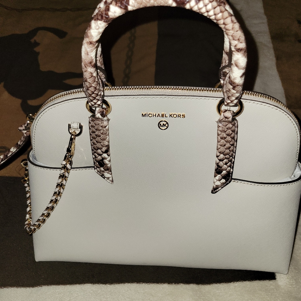 Michael Kors Hudson Large Saffiano Leather Dome Snake Handle Satchel Bag